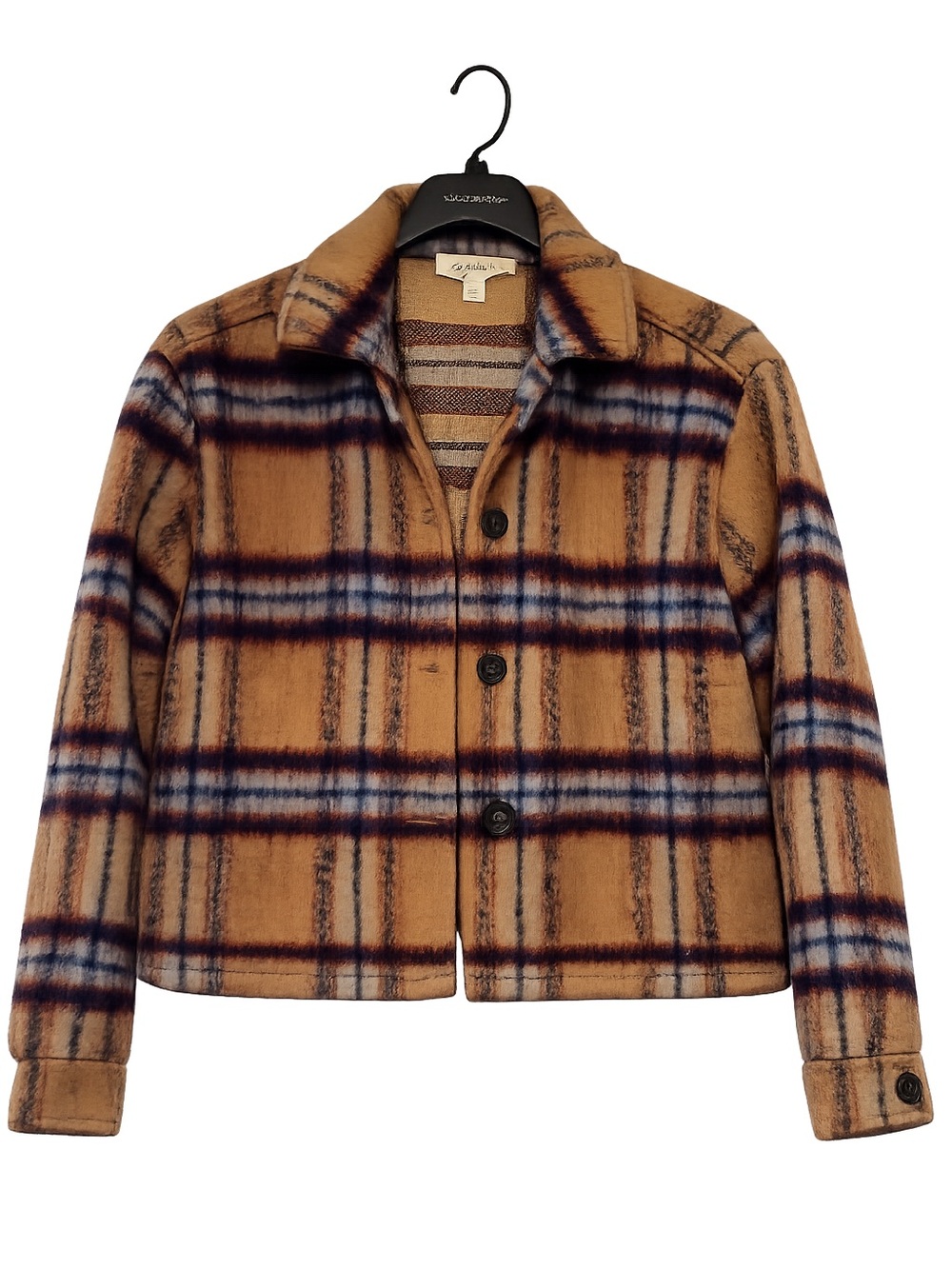 Mystree Tan Plaid Jacket with Navy & Rust Stripes